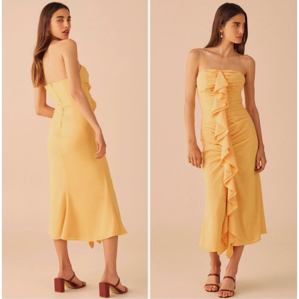 C/Meo Collective Womens Strapless Ruffle Dress M Marigold Yellow Wedding Guest - Picture 10 of 10